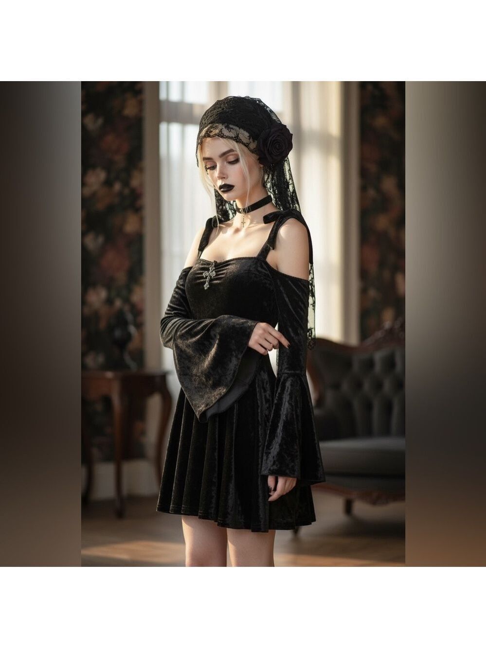 NWT Dolls Kill Widow Nocturnal Elegance Mini Dress in Black Velvet Silver Cross - Picture 3 of 16